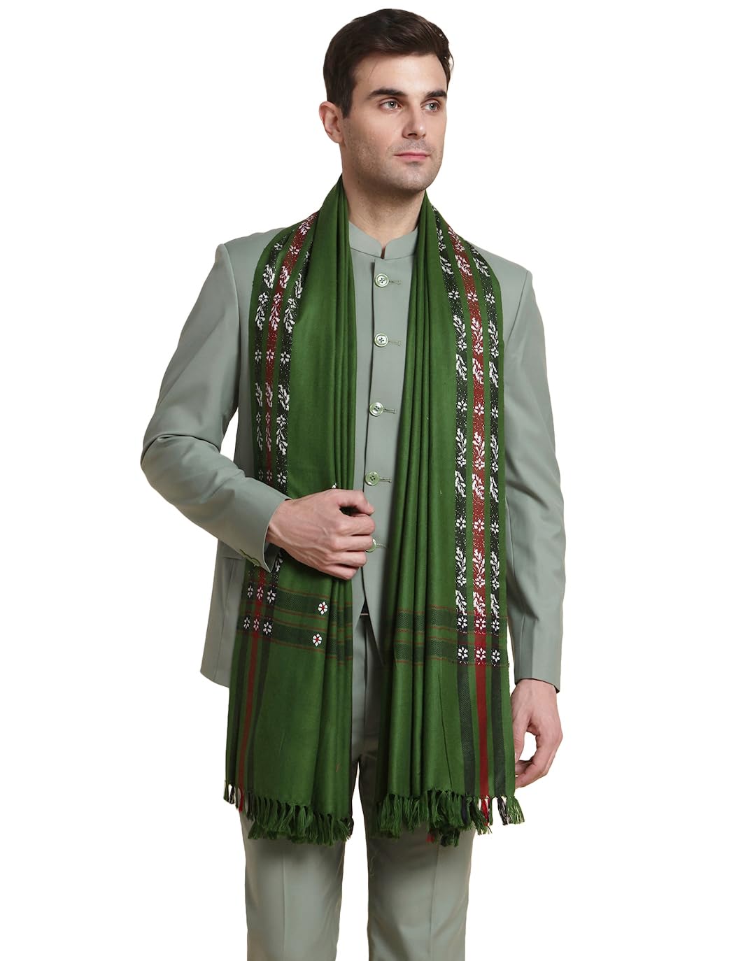 Weavers Villa Mens Acro Wool Blended Shawl - Handloom Border Pattern - Stoles for Men - Gents Shawls - Soft & Warm Wrap - Ideal