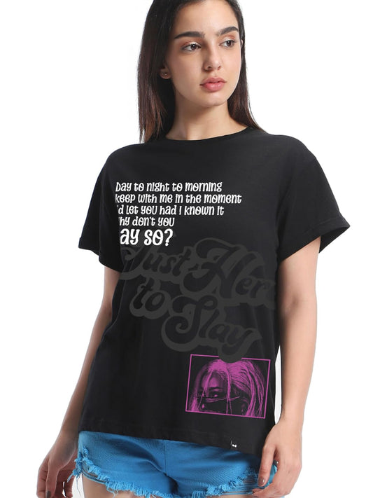 Bewakoof Air 1.0 Womens Typography Boyfriend Fit Half Sleeve Round Neck Cotton Slub T-Shirt_654675_Black_M