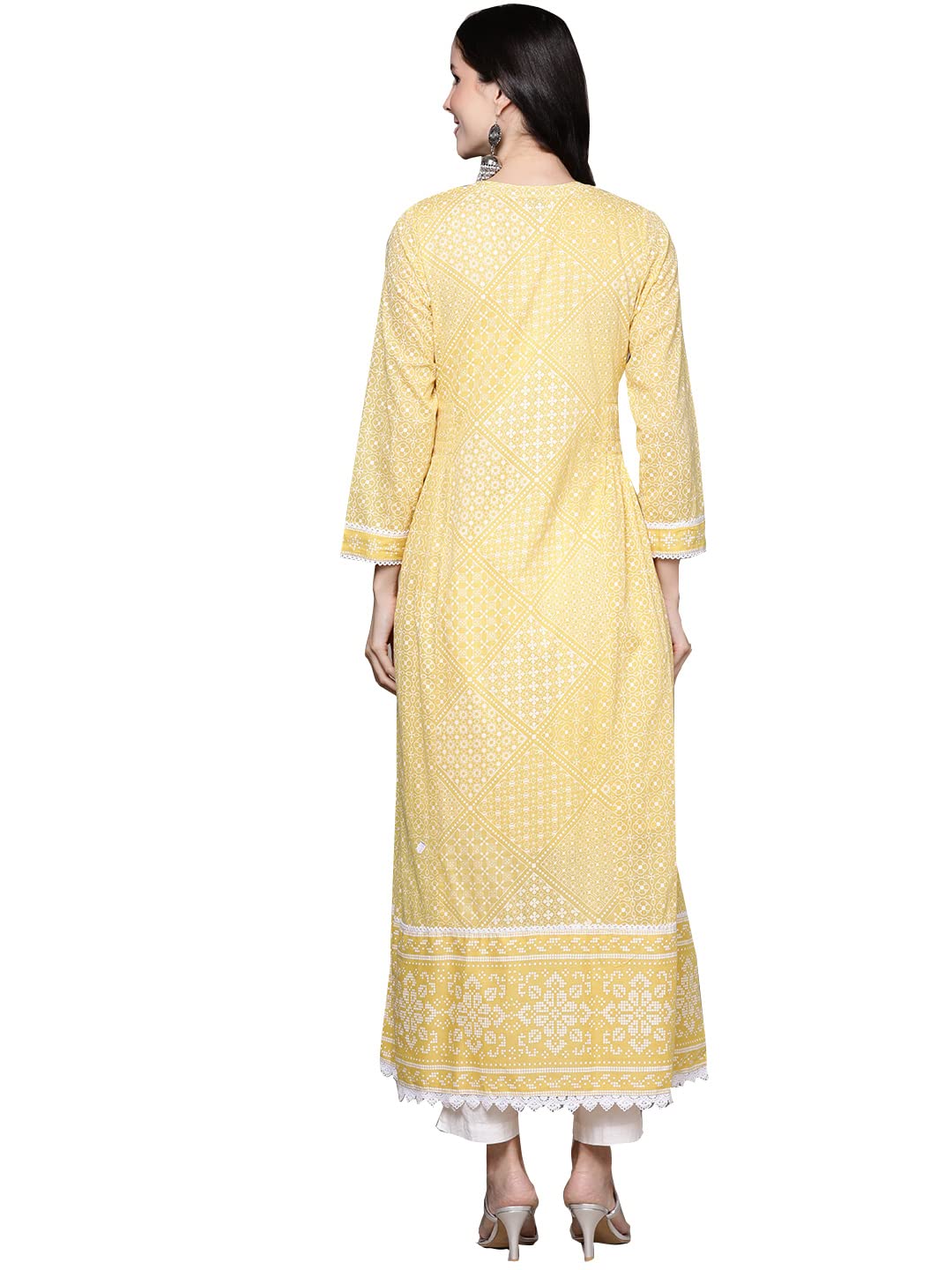 ishin Women's Cotton Anarkali Embellished Sequins Geometric Print Yellow Kurti