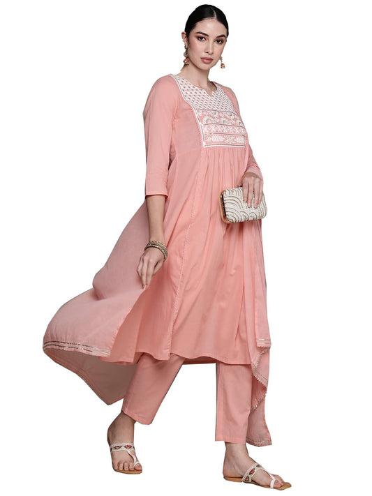 anubhutee Women's Pure Cotton Embroidered Pink A-Line Kurta Suit Set with Pants