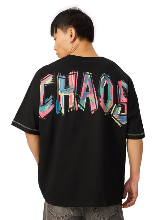 The Souled Store Originals: Chaos Men and Boys Short Sleeve Round Neck Green Colorblock Cotton Oversize T-Shirt