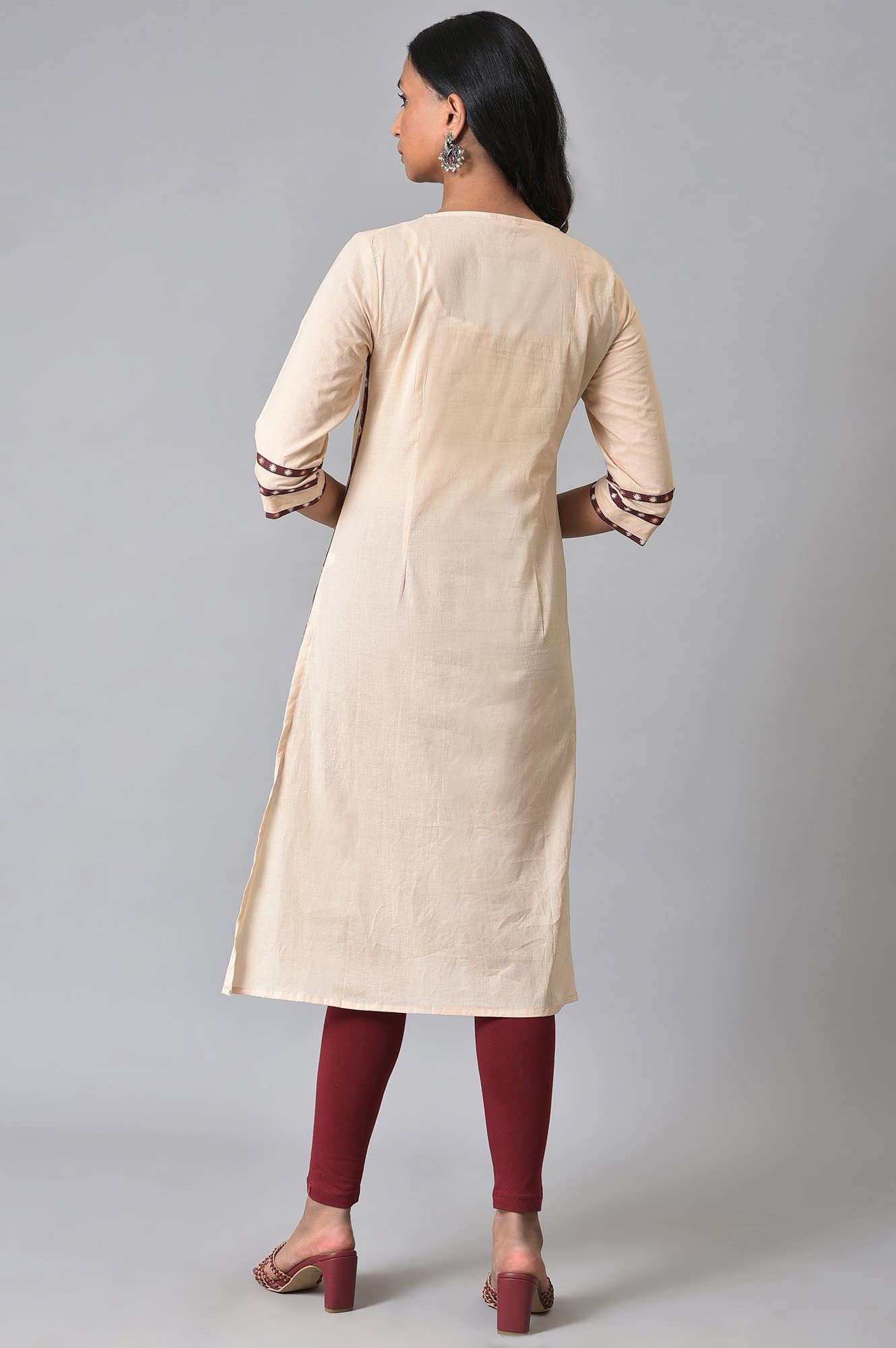 W Gold Khadi Floral Printed Straight Long Cotton Kurta For Women