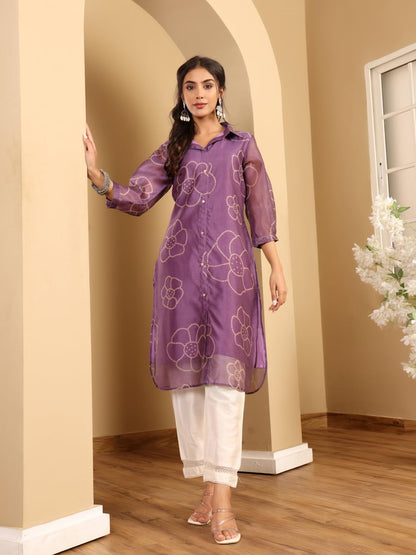 Varanga Women Premium Bandhani Floral Printed Shirt Kurta Purple