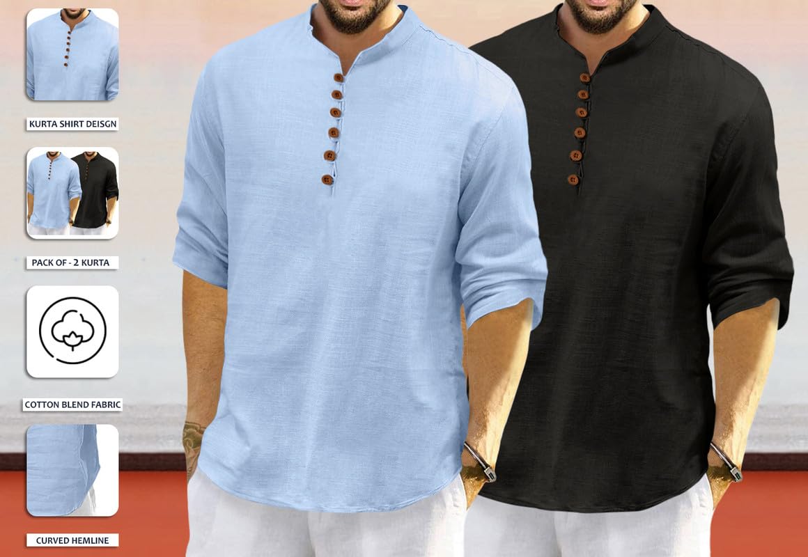 Royalscout MenS Cotton Polyester Blend Solid Regular Fit Full Sleeve Short Kurta | Ethnic, Lightweight Summer Kurta For Daily &