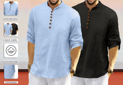 Royalscout MenS Cotton Polyester Blend Solid Regular Fit Full Sleeve Short Kurta | Ethnic, Lightweight Summer Kurta For Daily &