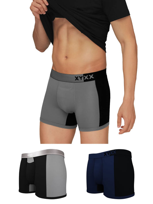 XYXX Mens Underwear Dualist IntelliSoft Antimicrobial Micro Modal Trunk Pack of 3 (Steel Grey & Black ; Black Iris & Black ; Bl