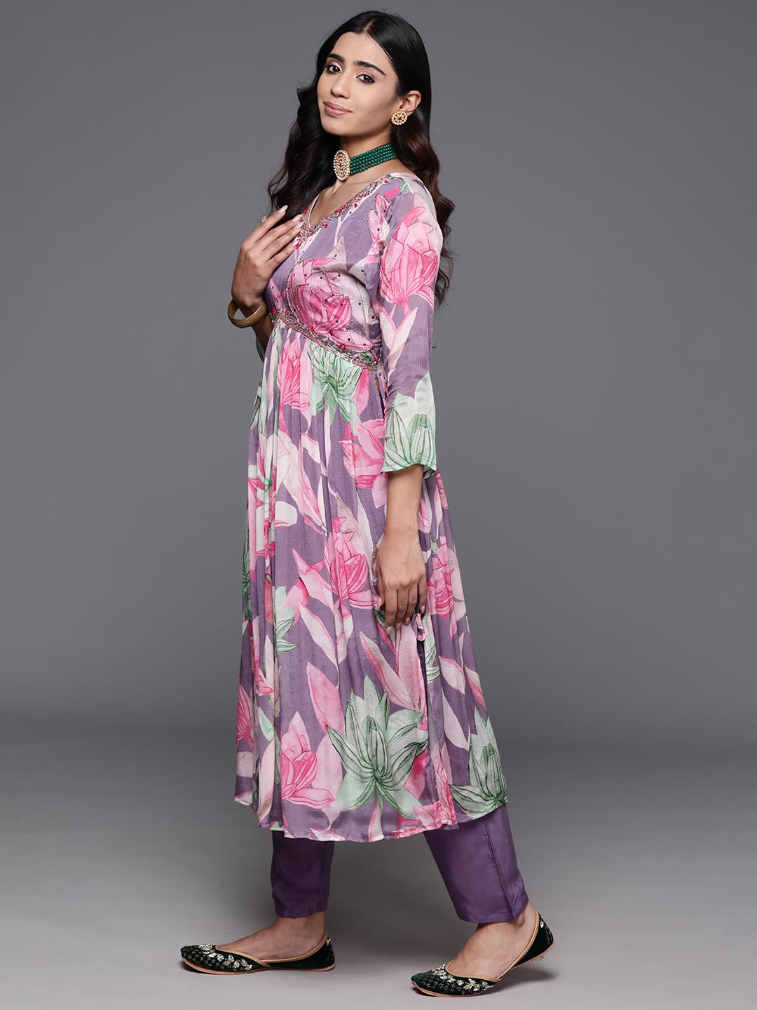 VARANGA Women Mauve Floral Printed Pure Silk Chinon Embroidered V-Neck Aliya Cut Kurta Paired With Tonal Bottom And Dupatta