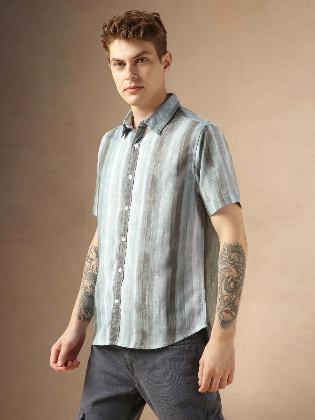 Dennis Lingo MenS Grey Cotton Spread Collar Short Sleeves Printed Shirts