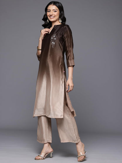 Varanga Women Embroidered Kurta Set With Tonal Bottom  Camel Brown, Sequins & Beads Embellished, Three-Quarter Sleeves, Stylish