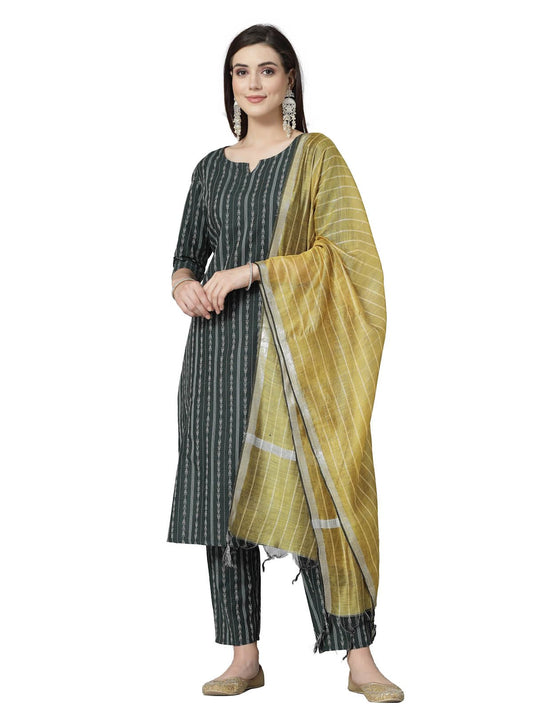 Stylum Women's Woven Design Cotton Blend Straight Kurta Pant Dupatta Set (KPDRABBITGREEN_Dark Green)