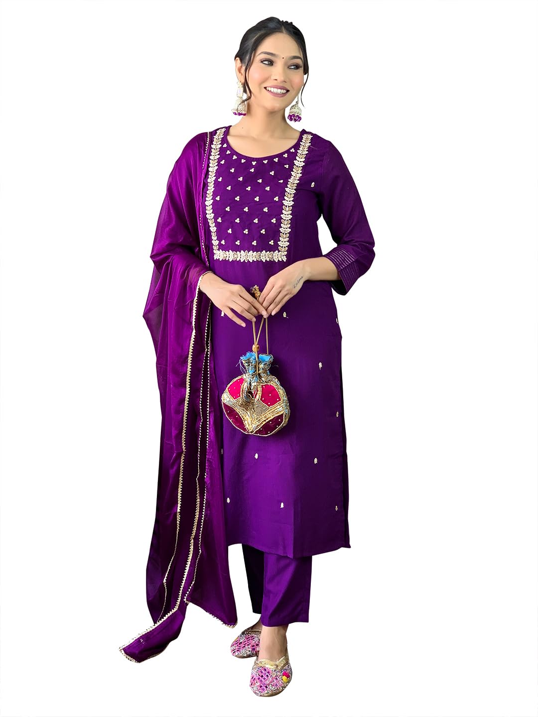 Naixa Womens Violate Rayon Slub Embroidered Straight Kurta with Rayon Slub Pant and Chinon Laced Dupatta Sets (NX3-M-Pragati-Vi