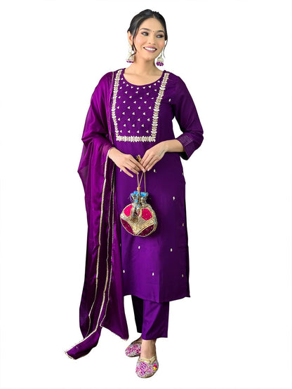 Naixa Womens Violate Rayon Slub Embroidered Straight Kurta with Rayon Slub Pant and Chinon Laced Dupatta Sets (NX3-M-Pragati-Vi