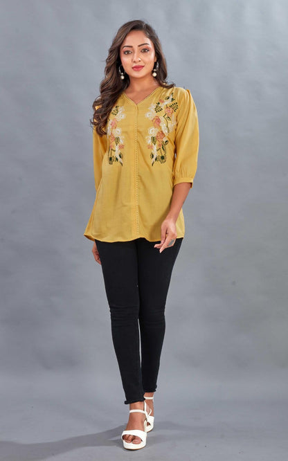 WomenS Embroidered V-Neck Tunic Top | Voscos Rayon 3/4 Balloon Sleeves Tunic For WomenS | Floral Design Casual Wear Top (In, A