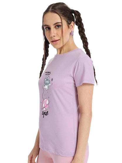 Bewakoof Womens Graphic Printed Regular Fit Half Sleeve Round Neck Cotton Jersey T-Shirt_ 624240 Purple XS