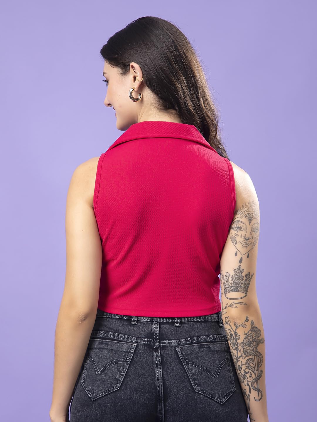 POPWINGS Pink Solid Button Clousre V Neck Sleeveless Waistcoat Crop Top