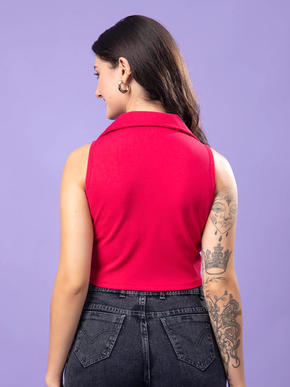 POPWINGS Pink Solid Button Clousre V Neck Sleeveless Waistcoat Crop Top