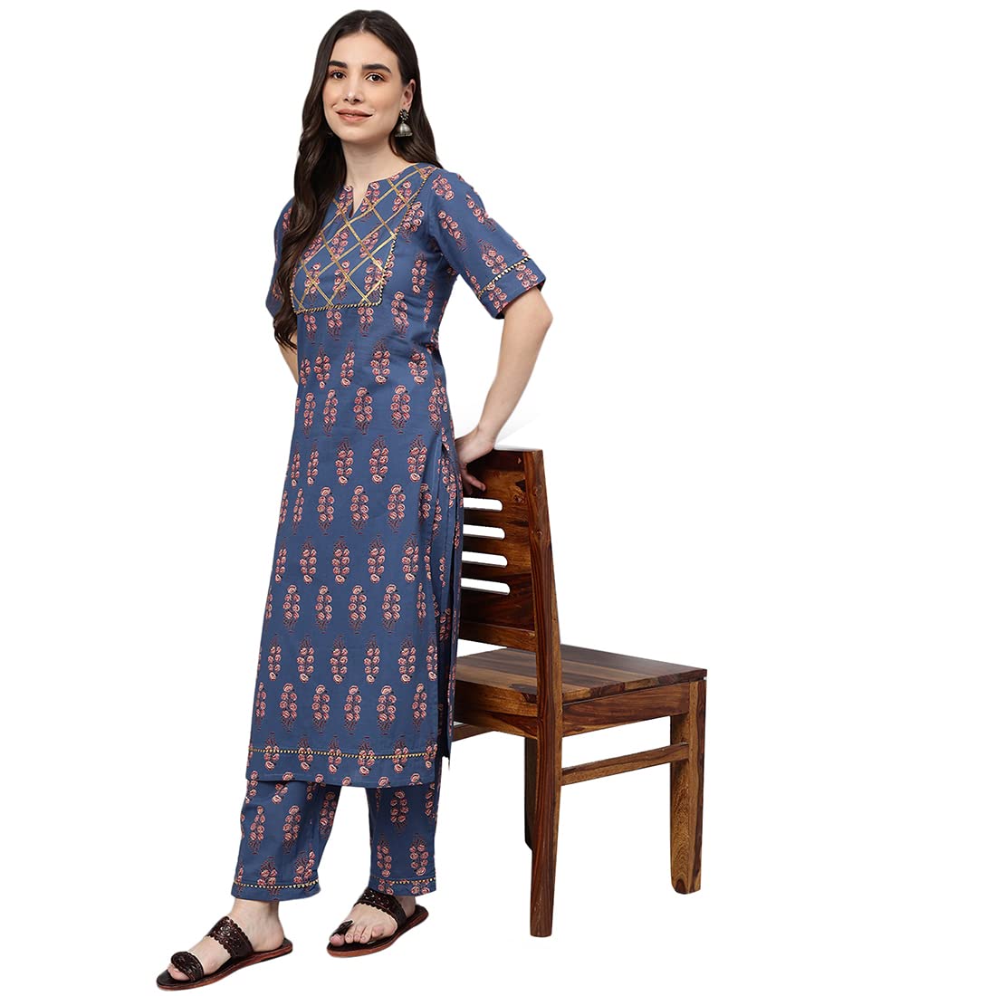 idaLia Printed Cotton Kurta Pant Set Kurta Set for Women with Elbow Sleeves, Round Neck, Calf-Length Straight Kurta Online