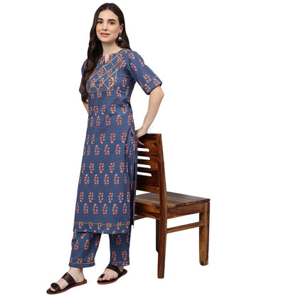 idaLia Printed Cotton Kurta Pant Set Kurta Set for Women with Elbow Sleeves, Round Neck, Calf-Length Straight Kurta Online