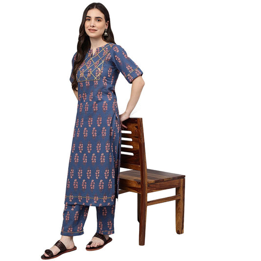 idaLia Printed Cotton Kurta Pant Set Kurta Set for Women with Elbow Sleeves, Round Neck, Calf-Length Straight Kurta Online