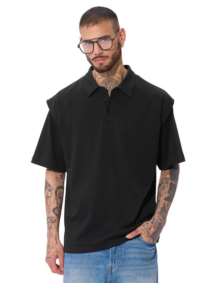 The Souled Store Korean Polo: Black Men and Boys Short Sleeves Collared Neck Cotton Blend Oversized Polos