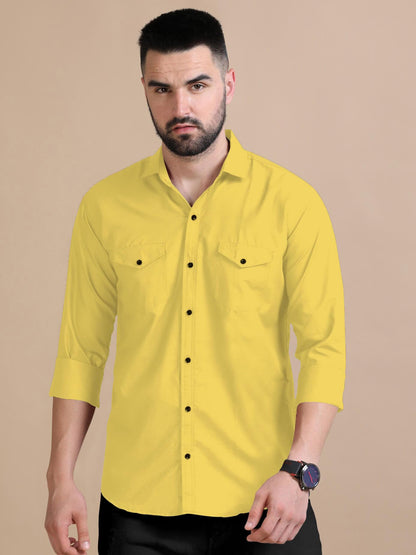 Rebelify MenS Double Pocket Shirt  Classic Casual Cotton Blend With Adjustable Cuffs Yellow