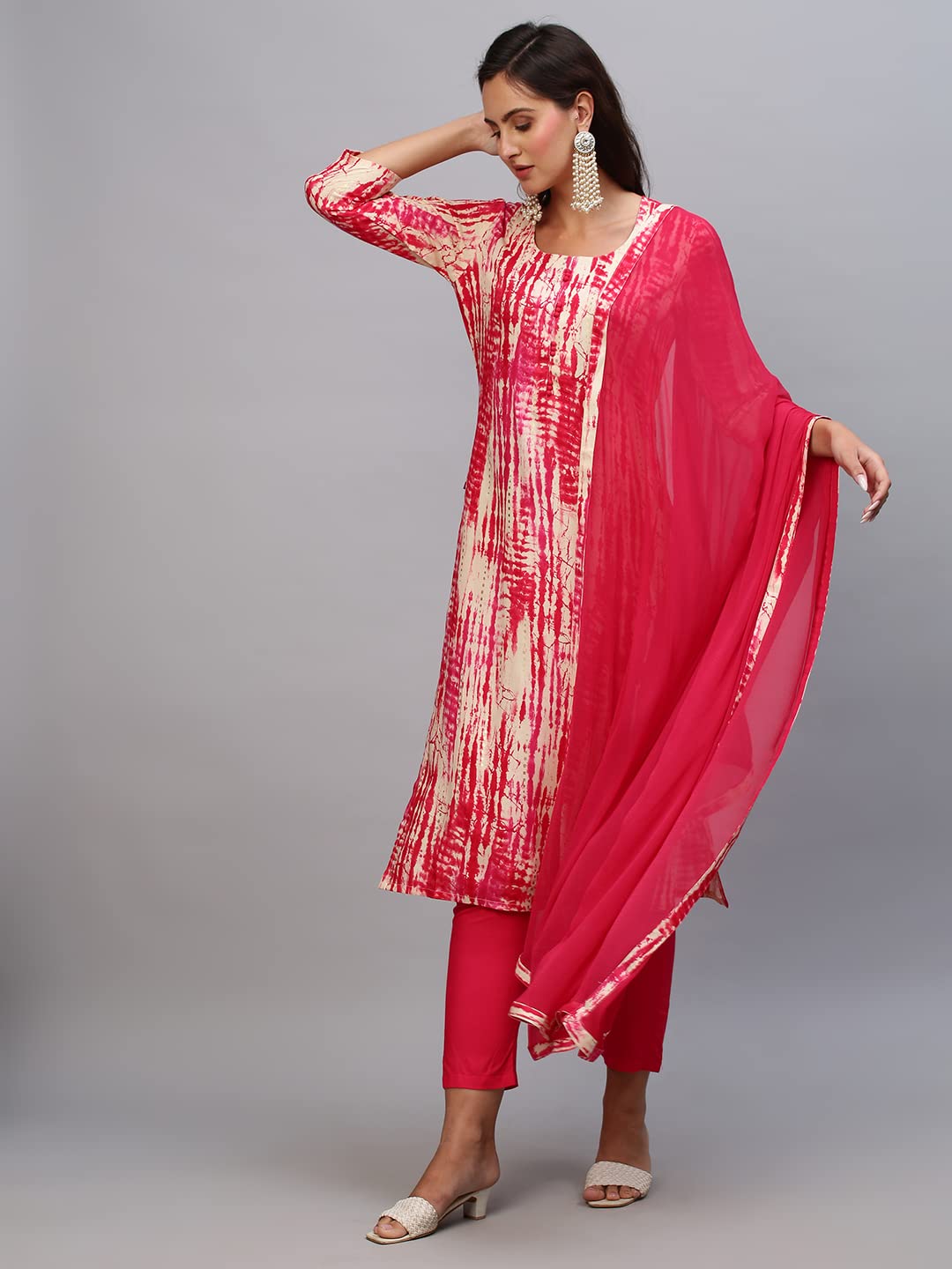 GoSriKi Women's Cotton Blend Printed Straight Kurta with Pant & Dupatta (CHITKABRA-Pink-GS)