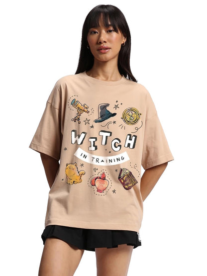 Bewakoof Official Harry Potter Merchandise Womens Graphic Print Oversized Fit Half Sleeve Round Neck Cotton T-Shirt_629070_Brow