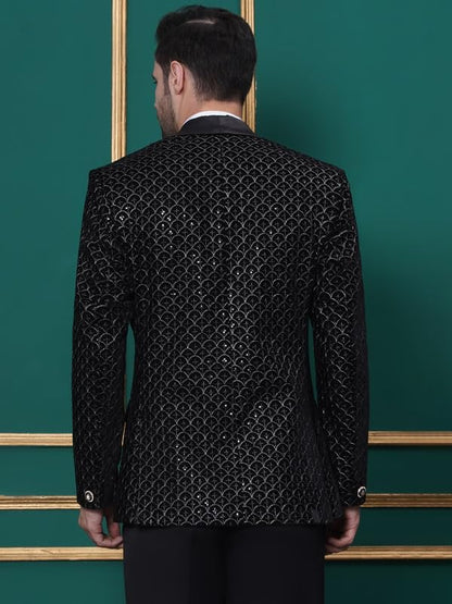 Favoroski Wedding Sequence Blazer Suit For Men | Black Wedding Suit For Men | Embroidered Velvet Blazer | Relaxed Fit Blazer For