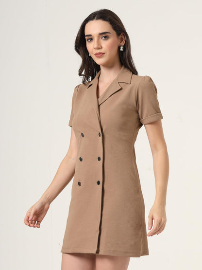 Style Quotient Women Solid Brown Texture Polyester Regular Fit Semi Formal Blazer Dress