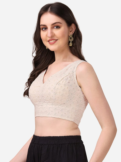 OOMPH! Womens Indian Ethnic Wear Designer Abstract Pattern V Neck Sleeveless Cotton Off-White Blouse for Saree or Lehnga and Bl