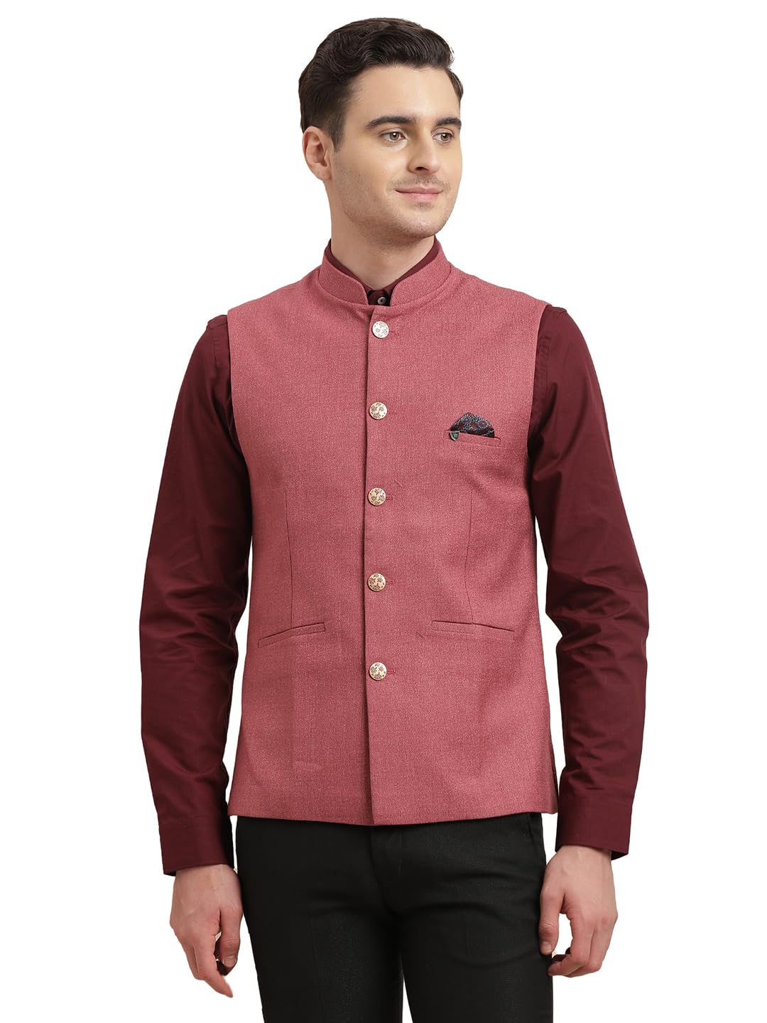 Turtle Men Pure Cotton Self Design Tailored Pink Nehru Jacket