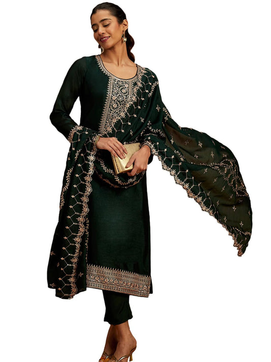 Libas WomenS Silk Blend Kurta Sets (48172_Bottle Green