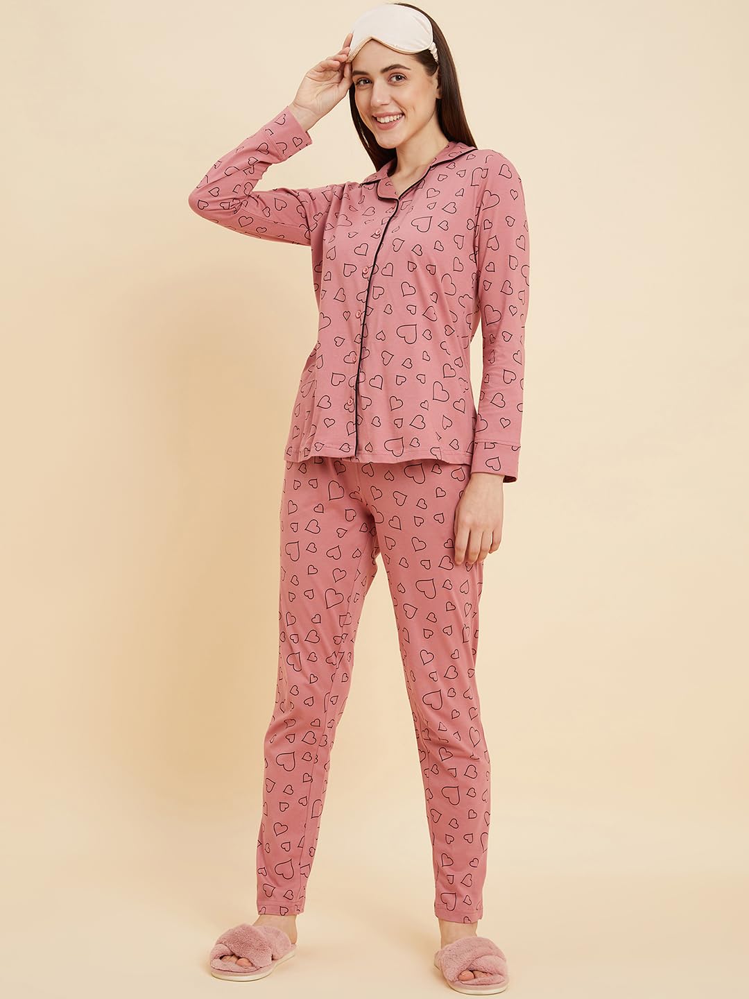 Sweet Dreams Women Printed Full Sleeves Pyjama Set Dusty Rose