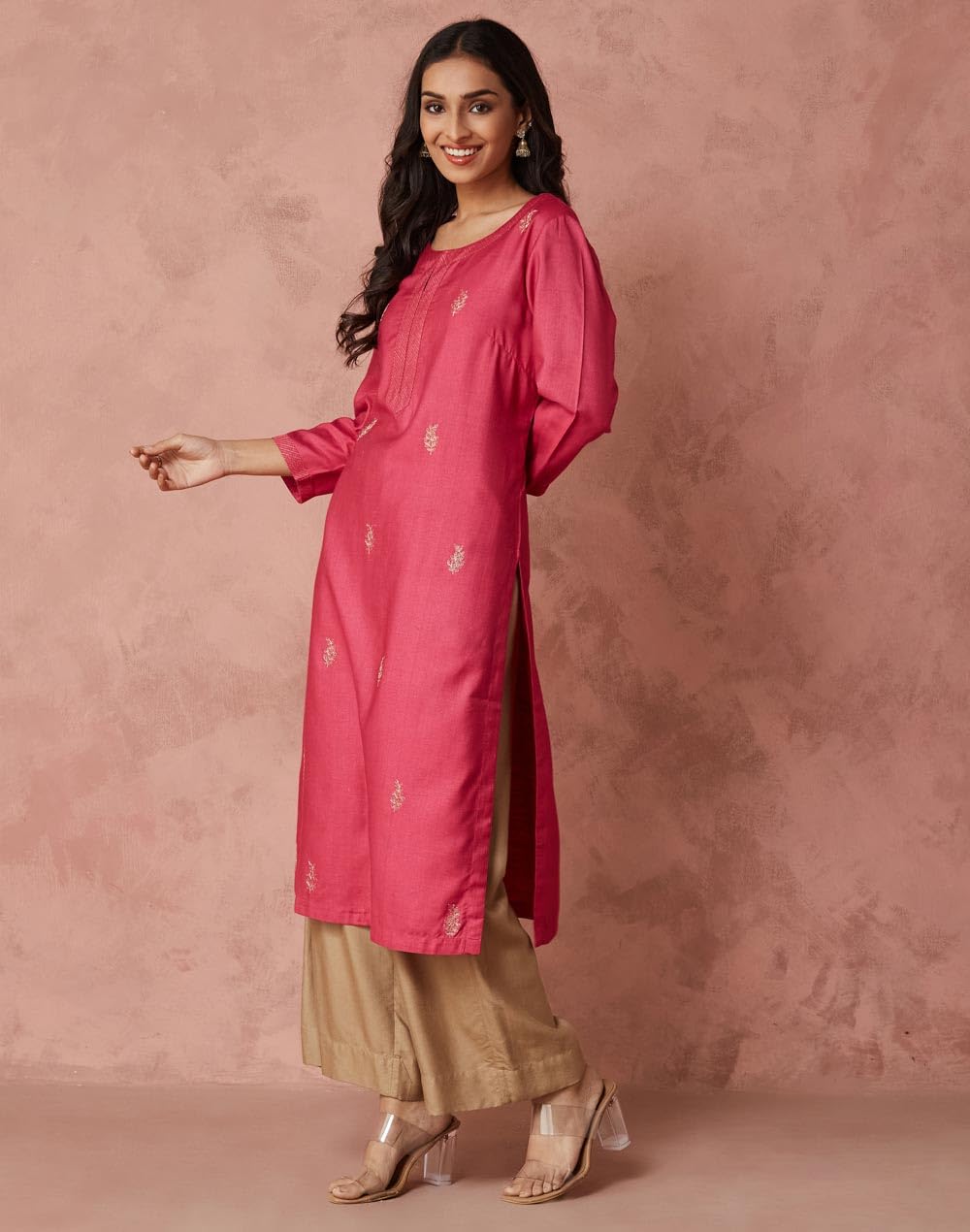 Fabindia Women's Viscose Silk Embroidered Regular Kurta