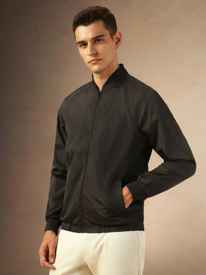 Dennis Lingo Men Regular Fit Ployseter Solid Full Sleeves Mock Collar Bomber Jackets