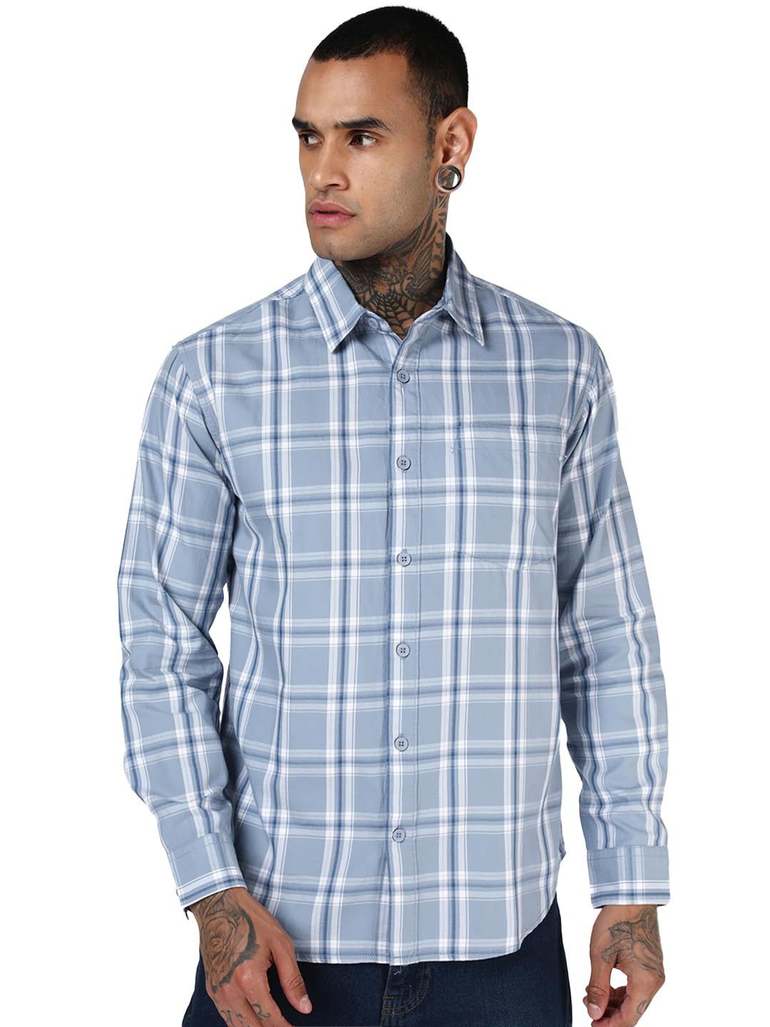 Bewakoof MenS Checked Regular Fit Full Sleeve Collar Cotton Twill Shirt_694518_Blue_Xl