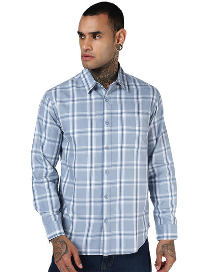 Bewakoof MenS Checked Regular Fit Full Sleeve Collar Cotton Twill Shirt_694518_Blue_Xl