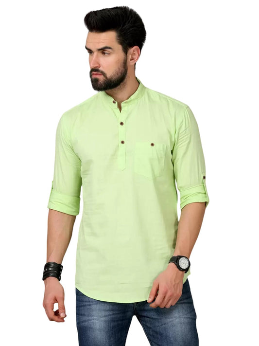 Deemoon MenS Cotton Blend Full Sleeve Short Kurta With Mandarin Collar Crafted From A Premium Cotton Blend Pista