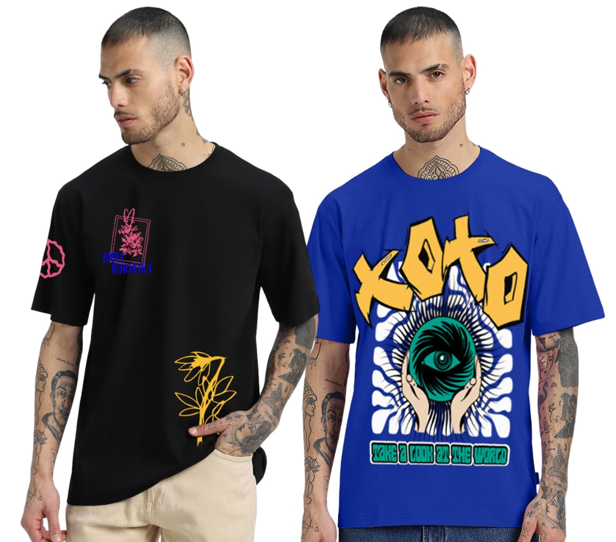 Veirdo Mens 100% Cotton Oversized Baggy Fit Drop Shoulder Graphic Typographic Printed T-Shirt Combo
