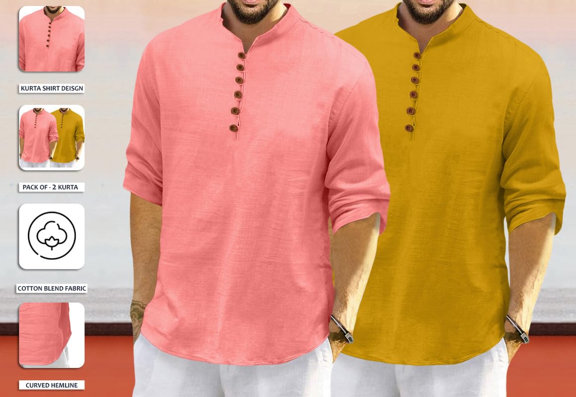 Royalscout MenS Cotton Polyester Blend Solid Regular Fit Full Sleeve Short Kurta | Ethnic, Lightweight Summer Kurta For Daily &