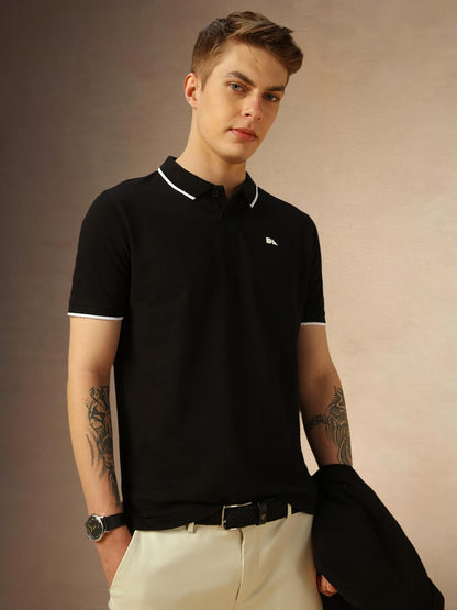 Dennis Lingo Mens Black Poly Cotton Loose Fit Solid Half Sleeve Polo T-Shirt