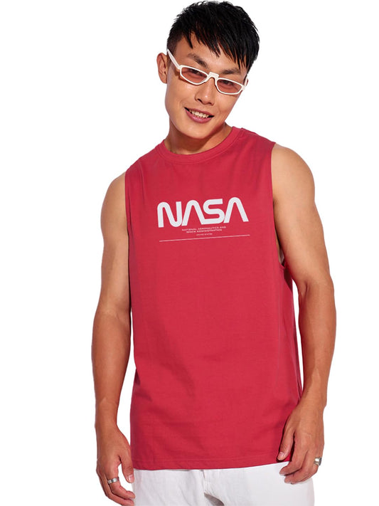 Bewakoof Official NASA Merchandise Mens Typography Print Boxy Fit Sleeveless Round Neck Cotton Vest_684013_Red_2XL