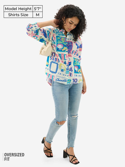 The Souled Store Official Friends: Doodle 100% Cotton Women & Girls Long Sleeve Spread Collared Neck Button Front Multicolor All
