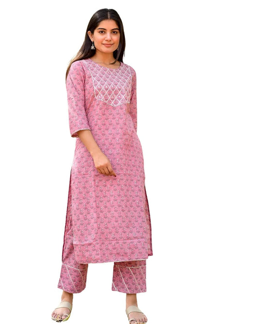 GoSriKi Women's Cotton Blend Stright Kurta with Pant