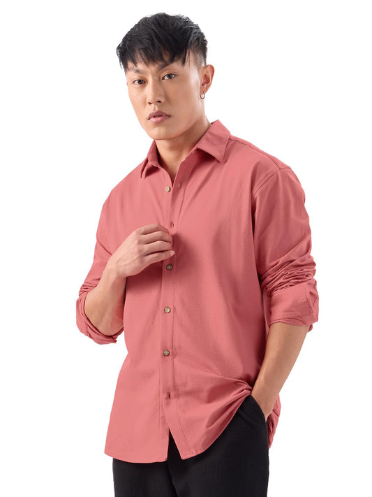 The Souled Store Coral Sand: 100% Cotton Men & Boys Long Sleeve Collared Neck Button Front Solid Textured Shirts