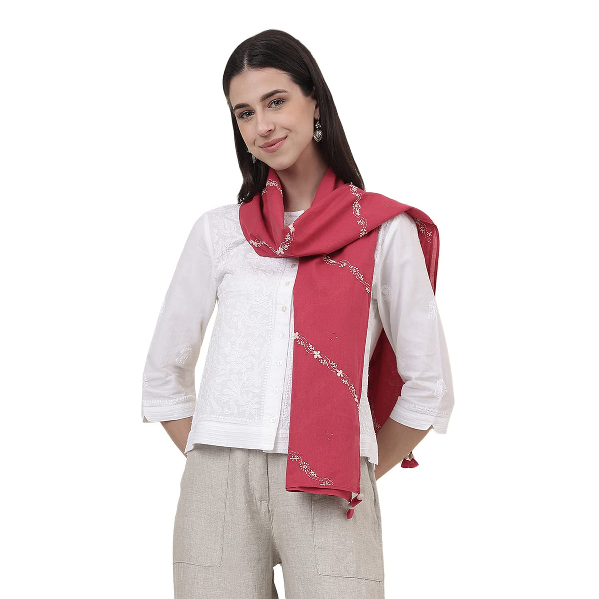 Fabindia Carrot Cotton Chikankari Embroidered Stole | Free Size | 1.8M X 56Cm