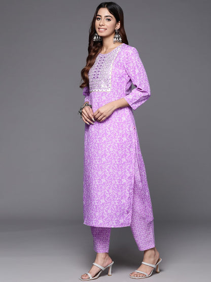 Varanga Women Lavender Floral Printed Embroidered Kurta Paired With Bottom And Dupatta