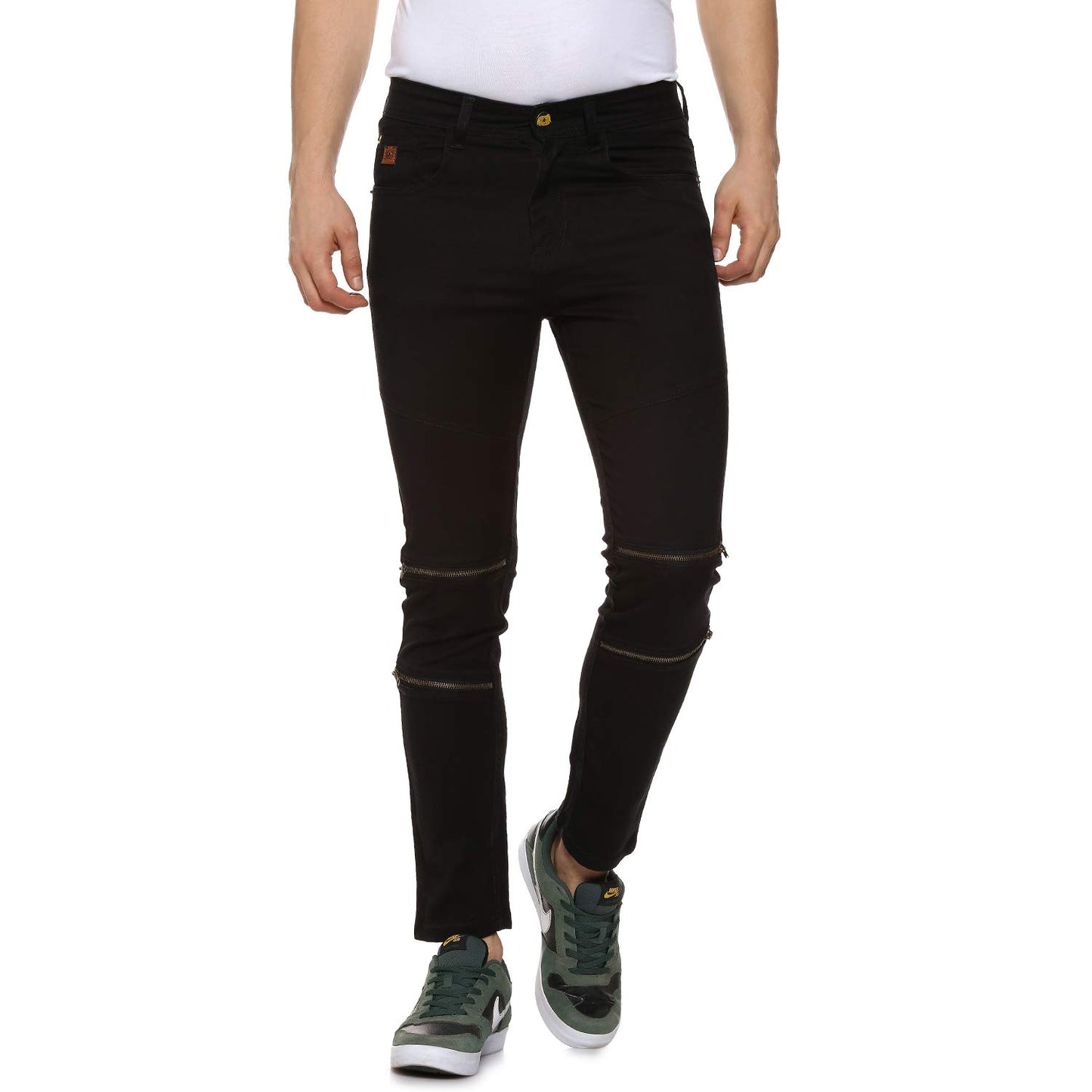 Campus Sutra Mens Black Zip Detail Slim Fit Denim Jeans | Stretchable Cotton Mid-Rise Denim Jeans Crafted with Comfort Fit and