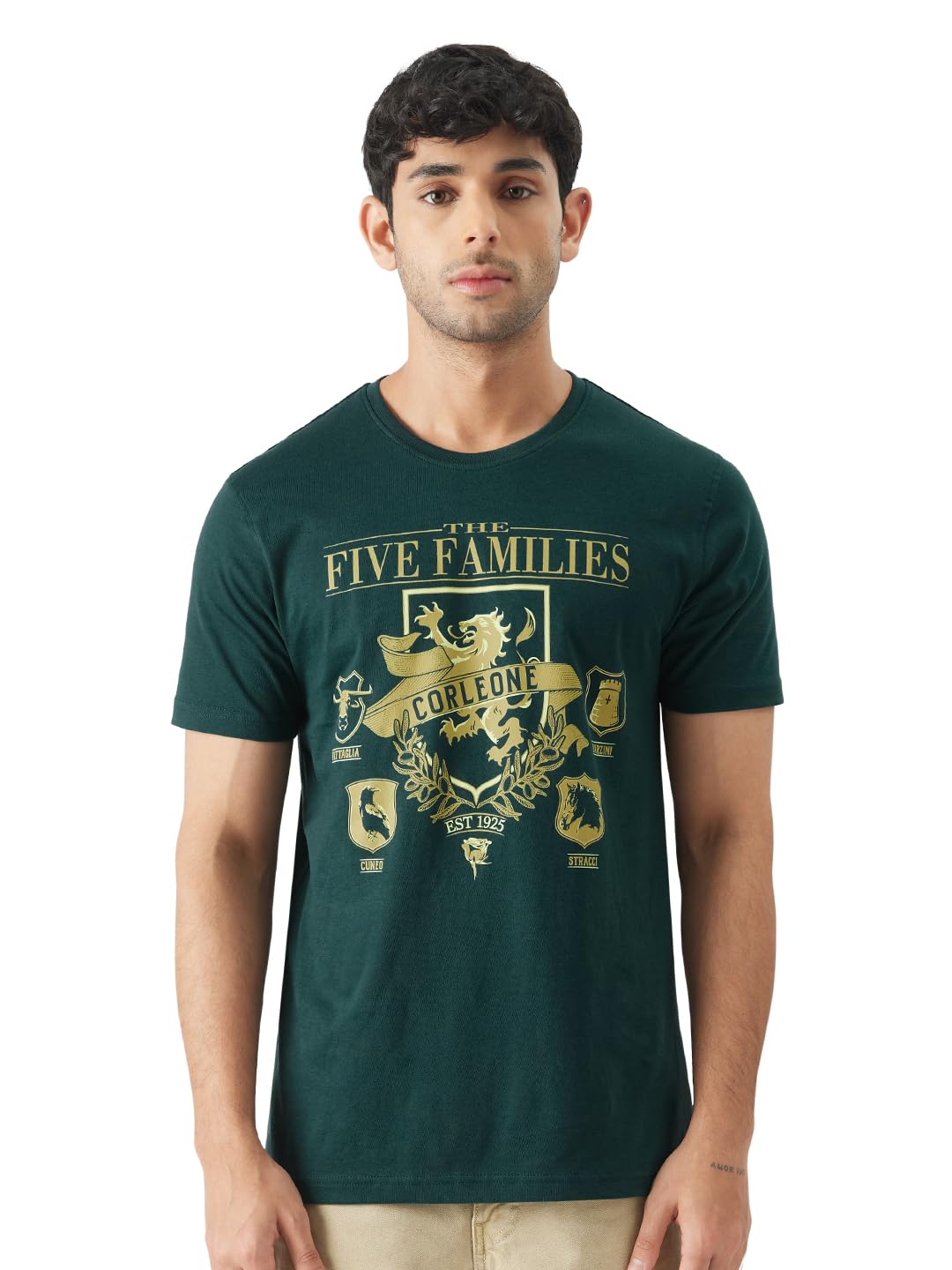 The Souled Store Official The Godfather: Five Families Men and Boys Round Neck Short Sleeve Green Graphic Printed Cotton Regular