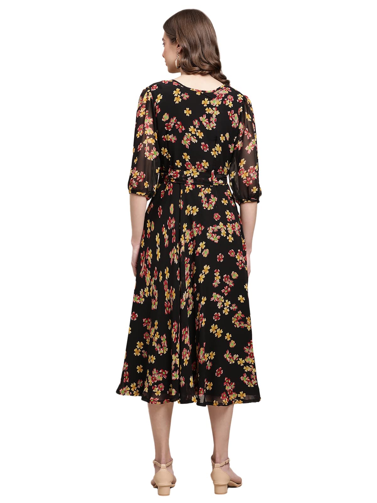 Preneum Womens Maxi Fit & Flare Latest Style Print Georgette Regular Sleeves Casual Summer Maxi Dress || Festival & Occasion, B